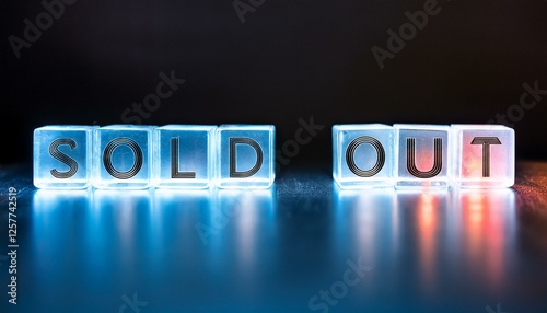 売り切れを意味する英語のフレーズのSOLD OUTの文字が書かれた木製のキューブブロック。 aiで生成 photo