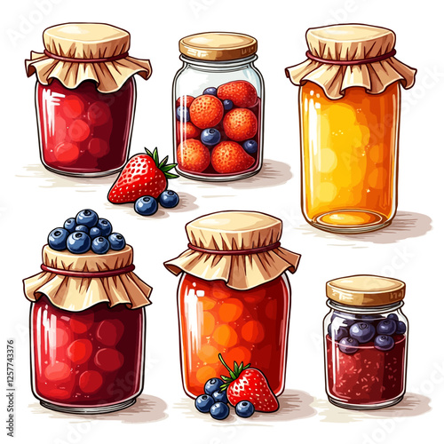 A colorful vector illustration of jars filled with different fruit jams. Great for food, recipe, and organic product designs.