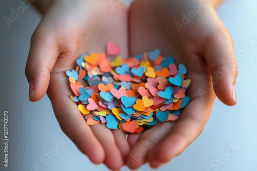 Hands holding colorful assorted pills and vitamins with soft focus photo