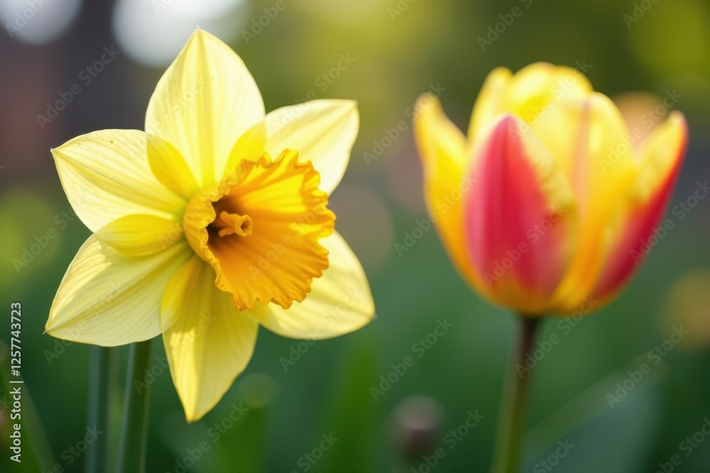 Close-up of delicate daffodil and tulip blossoms , wallpaper, natural Close-up of delicate daffodil and tulip blossoms , wallpaper, natural