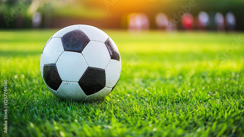 Classic black and white soccer ball on vibrant green grass in a sunlit field, perfect for sports promotions, football training concepts, and outdoor recreation themes