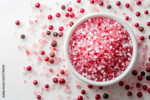 Close-up of scattered pomegranate seeds on white background with bright reflections photo