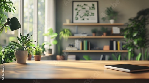 home office, camera view from eye level at desk edge, wooden desk surface 