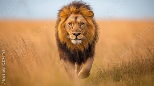 Powerful lion strides through golden savanna, perfect for wildlife documentaries, conservation campaigns, and motivational posters photo