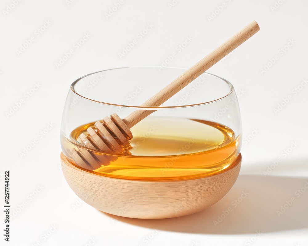 Honey dripping from a wooden stick in a glass bowl, isolated on a white background Honey dripping from a wooden stick in a glass bowl, isolated on a white background