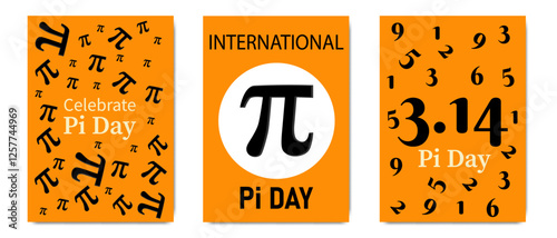 Three Pi Day celebration posters with mathematical symbols, numbers, and typography on an orange background representing March 14.