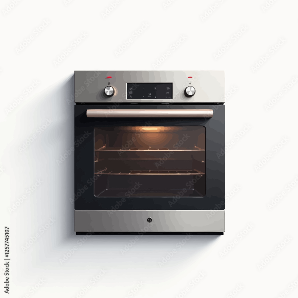A realistic vector illustration of a modern stainless steel oven with a glowing interior, perfect for kitchen appliance designs. A realistic vector illustration of a modern stainless steel oven with a glowing interior, perfect for kitchen appliance designs.