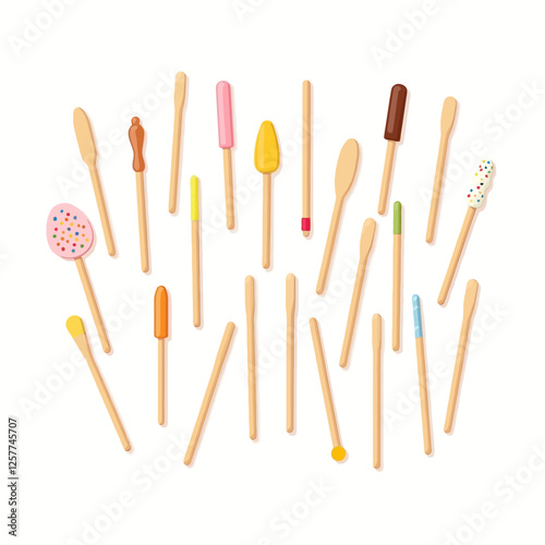 A set of various wooden popsicle sticks with different dipped toppings and creative decorations in a fun and playful style.