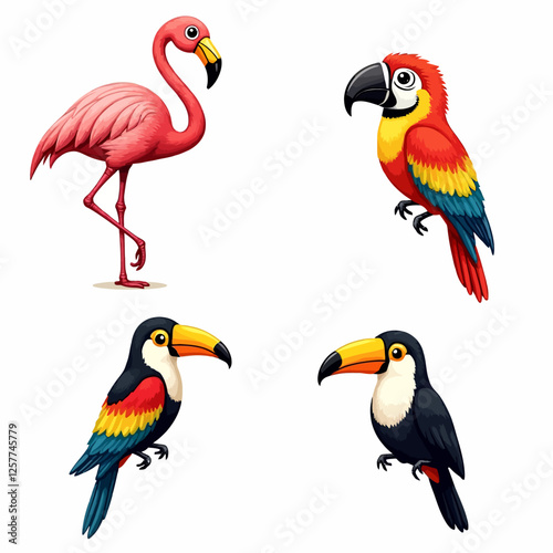 A colorful set of exotic tropical birds, including a flamingo, macaw, toucan, and parrot, in a vibrant vector style.
