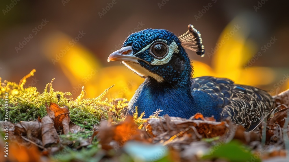 Peacock resting in autumnal forest undergrowth lit by golden sunlight Peacock resting in autumnal forest undergrowth lit by golden sunlight