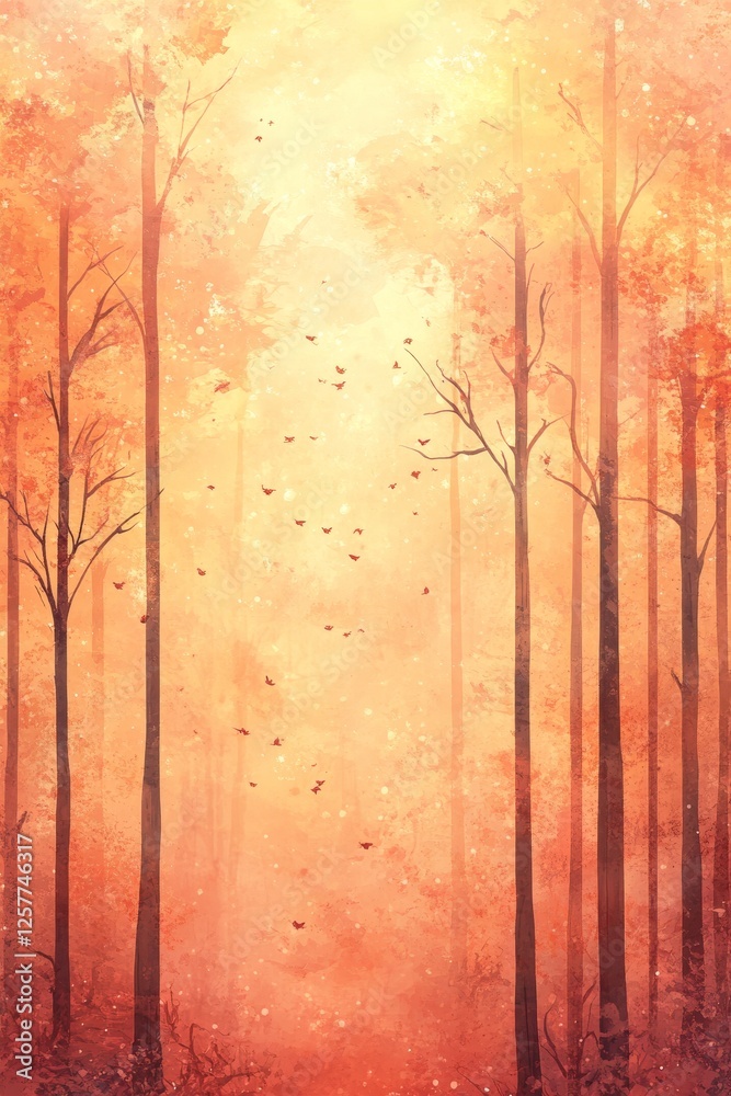 Obraz premium Gentle Orange Watercolor Backdrop, Tall Plants Ink Drawing, Pastel Colors, Watercolor Style