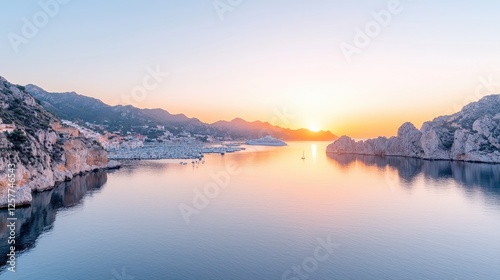 Coastal sunset panorama, tranquil bay, hillside village. Travel brochure