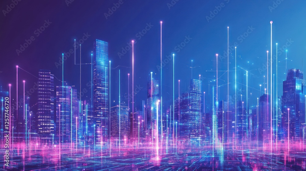 Futuristic cityscape with glowing digital network connections. (1) Futuristic cityscape with glowing digital network connections. (1)