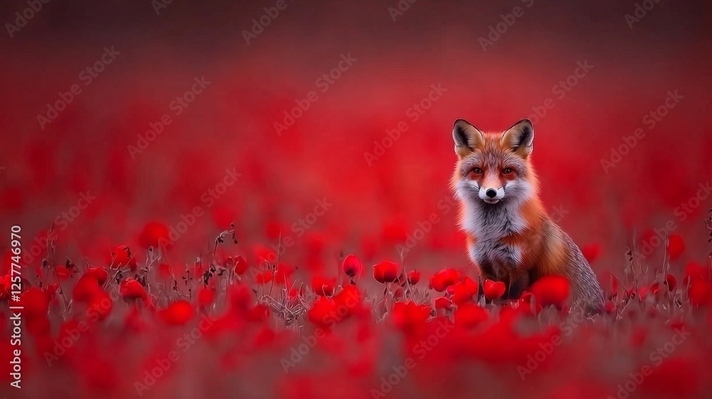 Naklejka premium A fox sitting in a field of red flowers
