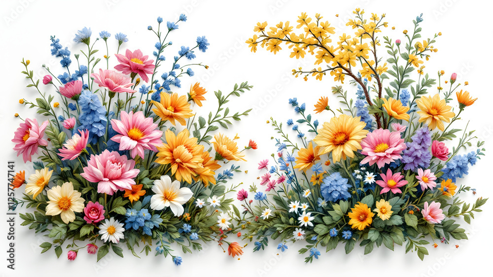 Spring Cross Stitch Floral Composition with Bright Yellow and Pink Blooms Spring Cross Stitch Floral Composition with Bright Yellow and Pink Blooms