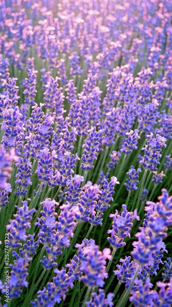 Close-up video shot of a lavender field at sunset, capturing vibrant purple hues and soft lighting from a low angle, evoking tranquility. Mobile wallpaper ratio.