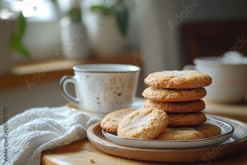 Tray with homemade cookies and cup of tea on the kitchen table in the morning. Home comfort. Generated by artificial intelligence