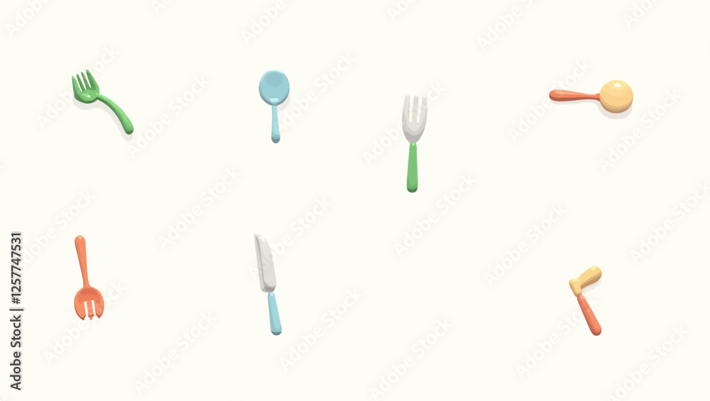 A set of colorful and artistic kitchen utensils, including spoons, forks, spatulas, and ladles, illustrated in a clean vector style.