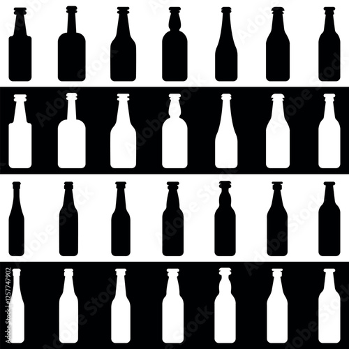 Set of Craft beer bottles silhouettes. Various craft beer bottles. Different shapes and sizes. Vector illustration isolated on black and white background.
