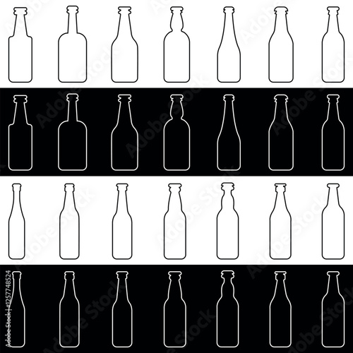 Collection of Craft beer bottles silhouettes. Outline craft beer bottles. Different styles and sizes. Vector illustration isolated on black and white background.