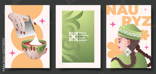 Kazakh text "Nauryz!" Spring equinox holiday in Kazakhstan. Flat vector greeting card or posters set. Illustration for posters. smm or cards with national ornaments. Kazakh vibe elements.