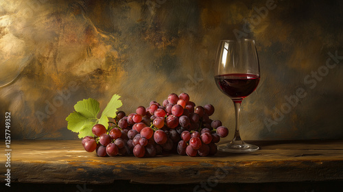 Glass of red wine and a stunning bunch of dark grapes resting on a wooden surface, showcasing the richness and elegance of wine and fresh produce.