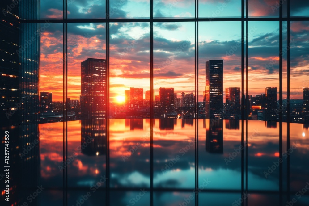 Fototapeta premium Colorful sunset sky reflecting on modern glass skyscraper