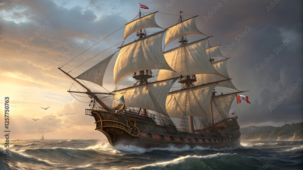 Obraz premium Majestic Sailing Ship Hyper-Realistic Galleon on the High Seas V8