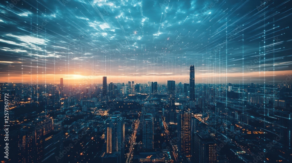 custom made wallpaper toronto digitalCityscape at sunset with digital network overlay.