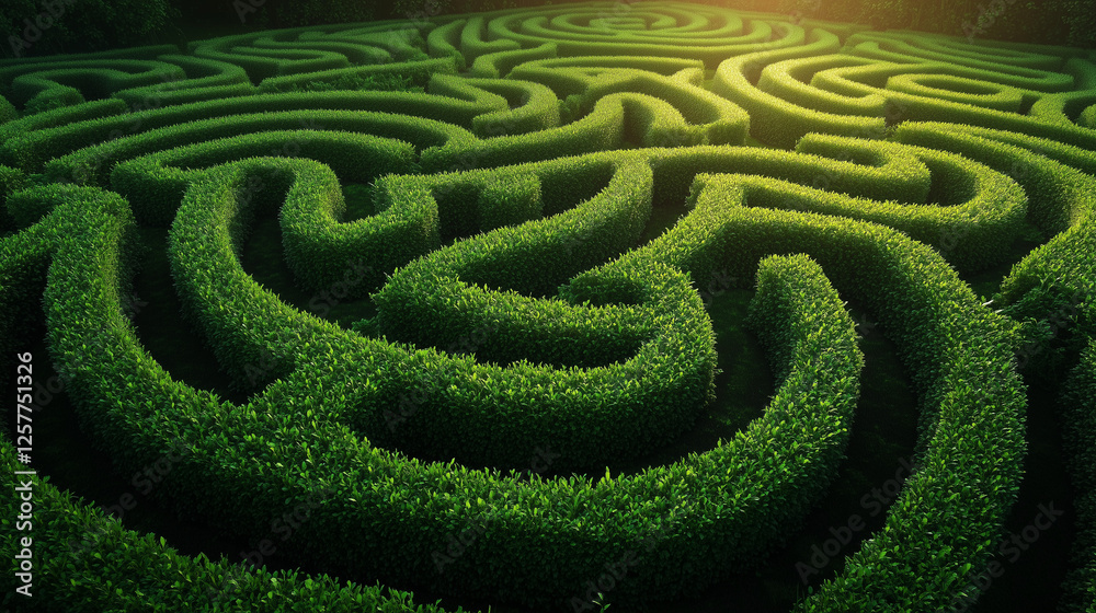 Enchanting green hedge maze illuminated by golden sunlight for mystery, strategy, and adventure themes Enchanting green hedge maze illuminated by golden sunlight for mystery, strategy, and adventure themes