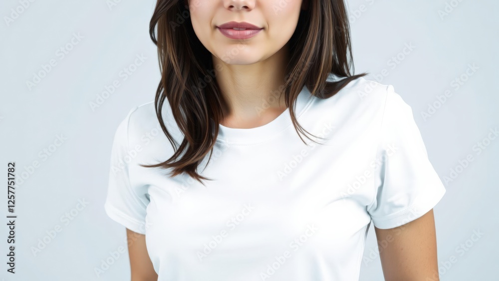 Portrait of a Young Woman in a Plain White T-Shirt against a Light Background, Exuding Natural Beauty and Confidence, Captured in a Studio Setting Portrait of a Young Woman in a Plain White T-Shirt against a Light Background, Exuding Natural Beauty and Confidence, Captured in a Studio Setting