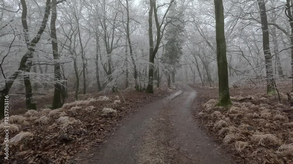 Walking through a winter forest. The trees are bare, with white frost covering everything. The cold and quiet atmosphere creates a serene winter scene. Walking through a winter forest. The trees are bare, with white frost covering everything. The cold and quiet atmosphere creates a serene winter scene.