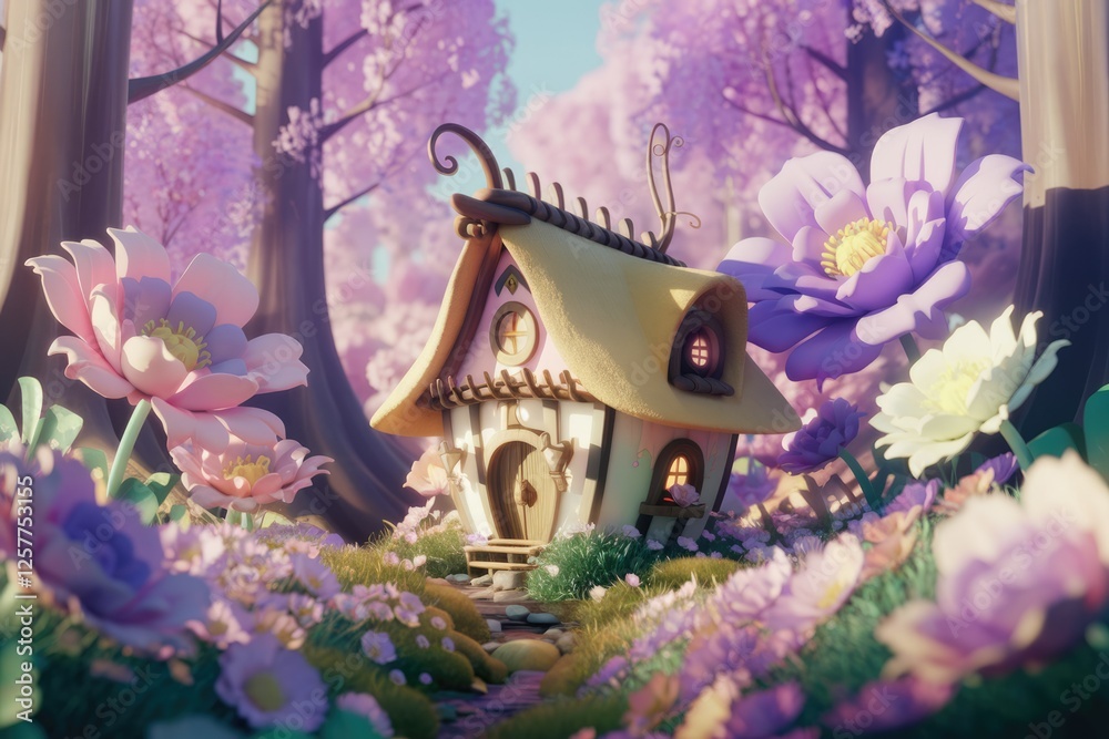 Fototapeta premium A whimsical fairytale cottage nestled in a vibrant, flower-filled enchanted forest.
