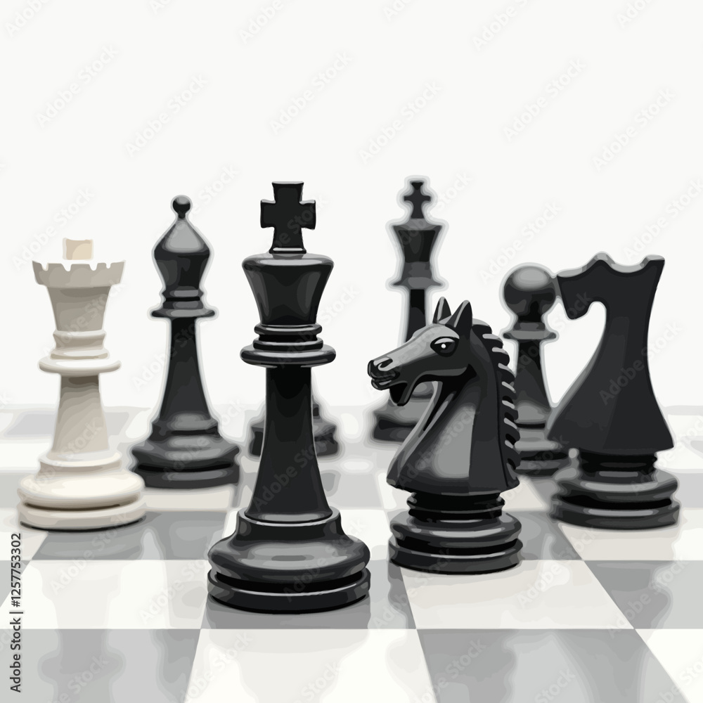 A realistic vector illustration of black and white chess pieces on a chessboard, symbolizing strategy and competition. A realistic vector illustration of black and white chess pieces on a chessboard, symbolizing strategy and competition.