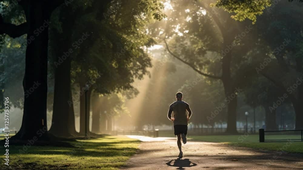 Backlit shot of a person jogging through a sunlit park, capturing a serene morning atmosphere. Ideal for a motivational video scene. Backlit shot of a person jogging through a sunlit park, capturing a serene morning atmosphere. Ideal for a motivational video scene.