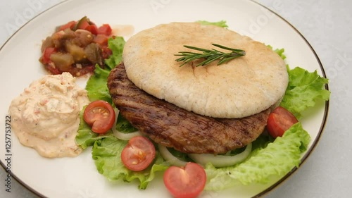 Serbian pljeskavica meat served in pita with traditional Balkan side dishes. Closeup of Balkan style pljeskavica burger on a plate with Serbian urnebes salad