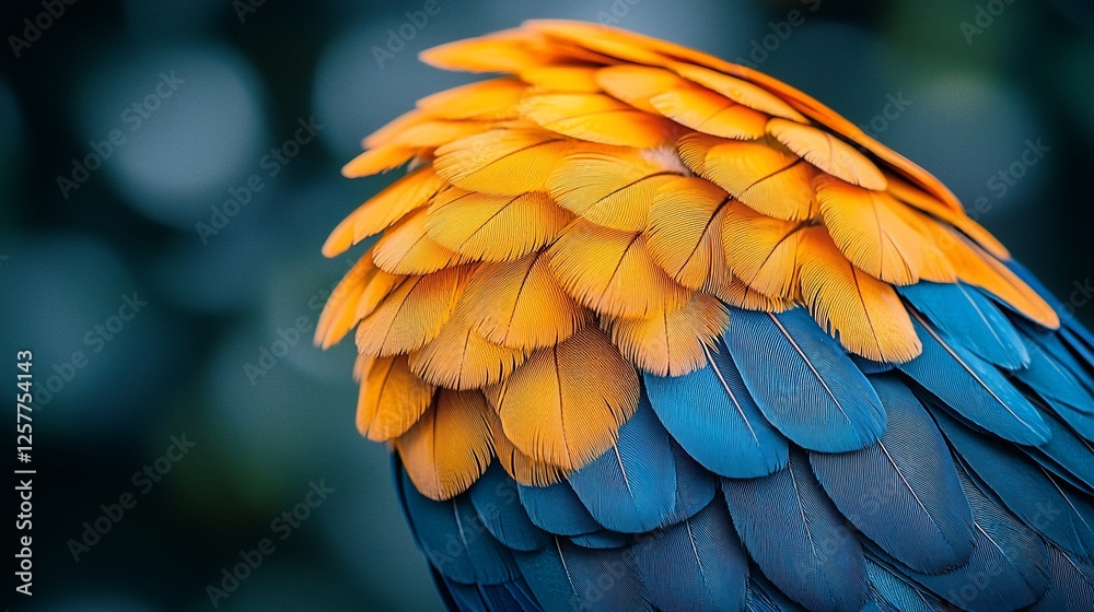 Fototapeta premium Blue-gold macaw feathers, close-up, blurred background, nature