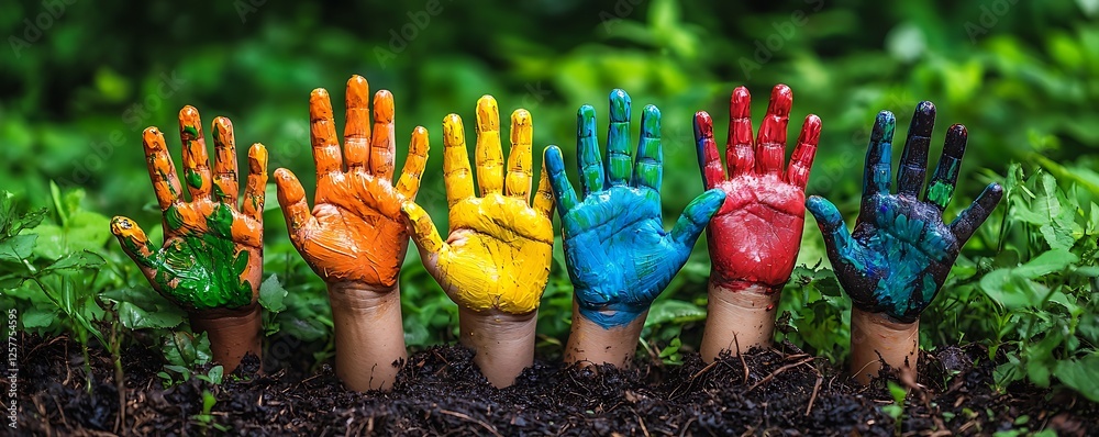 Fototapeta premium Little children show their hands painted in bright colors, a vibrant display creativity and youthful expression.