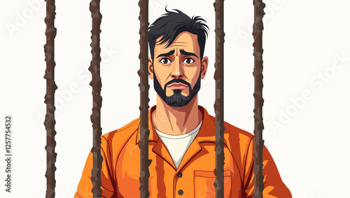A vector illustration of a sad prisoner in an orange uniform standing behind bars, representing imprisonment and justice themes.