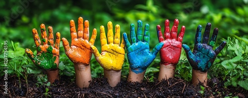 Little children show their hands painted in bright colors, a vibrant display creativity and youthful expression.