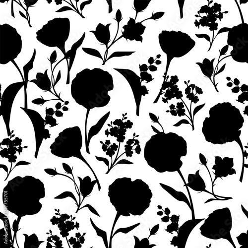 Seamless floral pattern with black flowers silhouettes on a white background. Vector floral print
