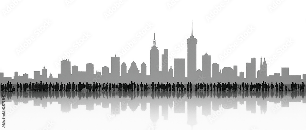 Fototapeta premium A minimalist silhouette of a bustling city skyline with a crowd in the foreground, showcasing urban life and architecture.
