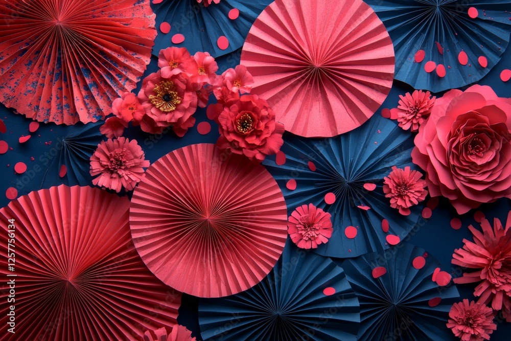 A joyful Independence Day USA banner mockup with paper fans in American national colors and confetti stars, incorporating USA Presidents Day, American Labor Day, and Memorial Day themes A joyful Independence Day USA banner mockup with paper fans in American national colors and confetti stars, incorporating USA Presidents Day, American Labor Day, and Memorial Day themes