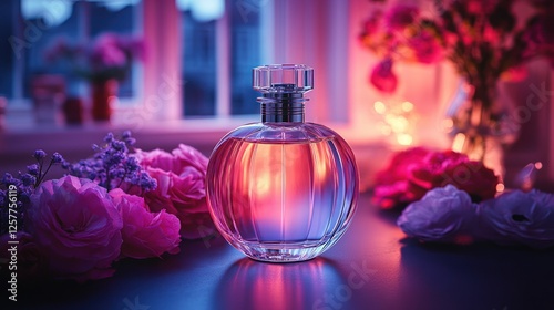 Perfume bottle, surrounded by flowers,  in a softly lit room, perfect for a romantic advertisement photo