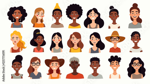 A collection of diverse facial avatars, representing different ethnicities and personalities in a clean and modern vector style.