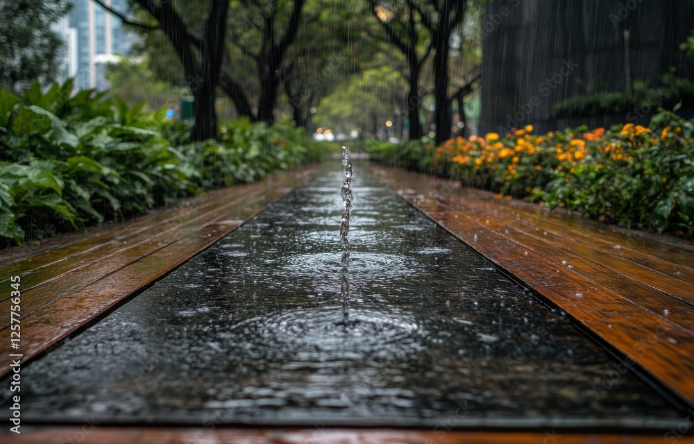 Amidst a rainy and overcast day in Quebec City, a park with fountains is accessible through the Victoria Square Metro station Amidst a rainy and overcast day in Quebec City, a park with fountains is accessible through the Victoria Square Metro station
