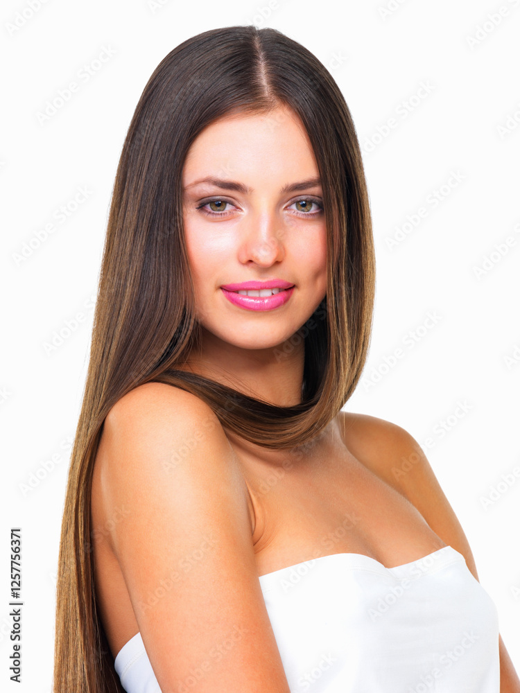 Naklejka premium Hair care, portrait and woman with cosmetics, dermatology and confident person isolated on white studio background. Face, model and girl with healthy scalp, shampoo or volume with beauty or aesthetic