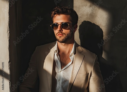 A handsome man in a beige suit and sunglasses posing against a dark background, with a shadow effect. This is a stock photo with a simple composition, 