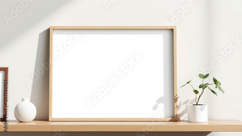A Minimalist Interior Display Featuring a Blank Frame on a Wooden Shelf with Potted Plant, Vase, and Decorative Elements in a Bright, Cozy Environment