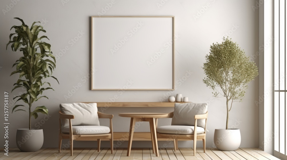 Minimalistic Interior Design with Blank Frame and Elegant Plants in Modern Living Space Minimalistic Interior Design with Blank Frame and Elegant Plants in Modern Living Space